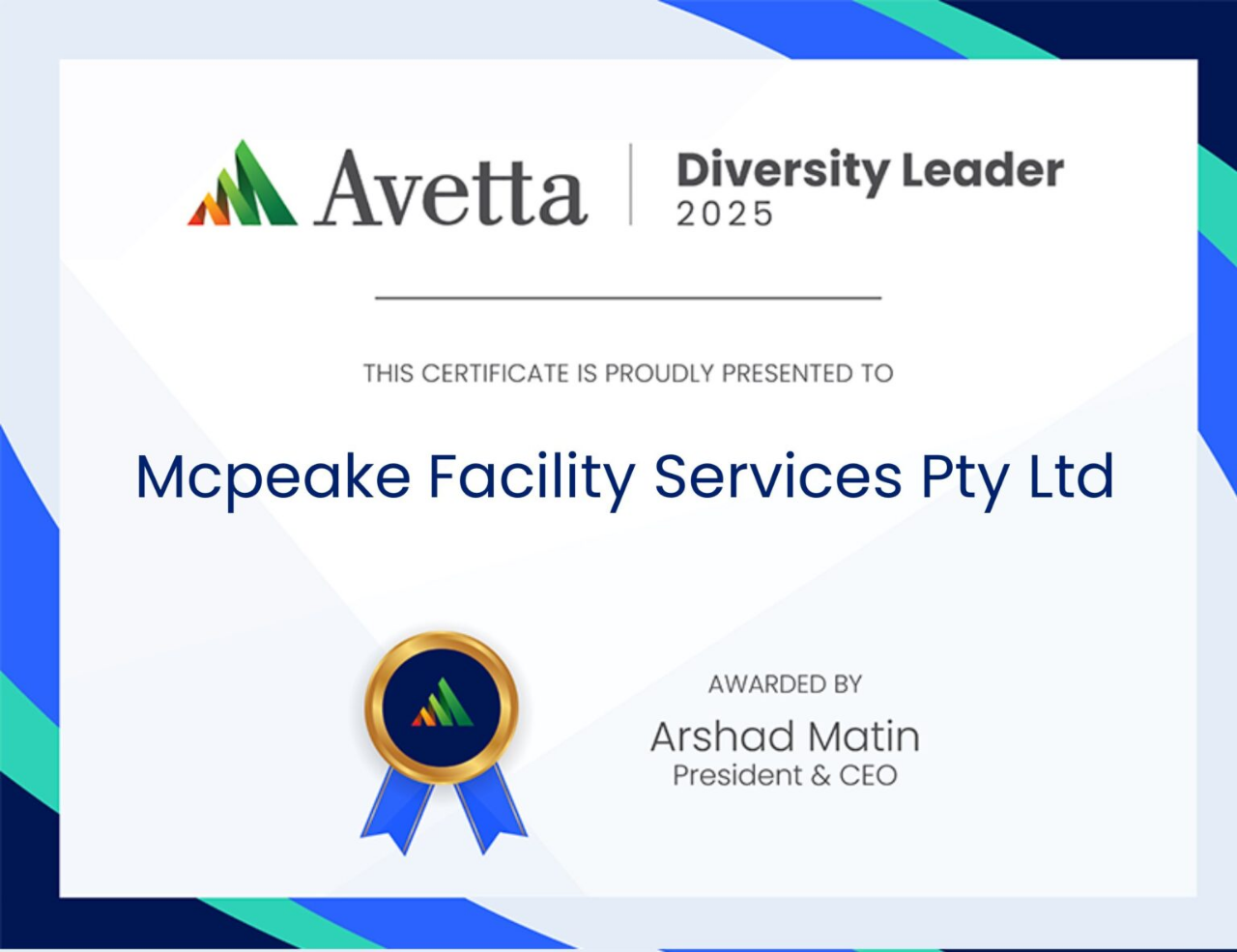 Avetta Diversity Leader 2025 certificate presented to McPeake Facility Services Pty Ltd