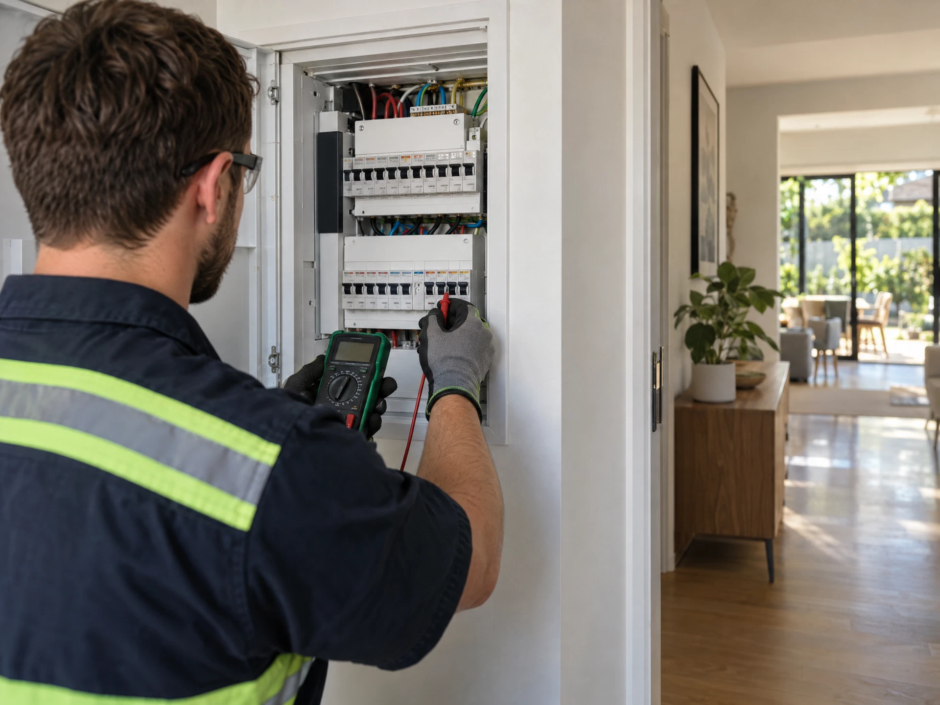 Electrician completing a residential electrical safety inspection